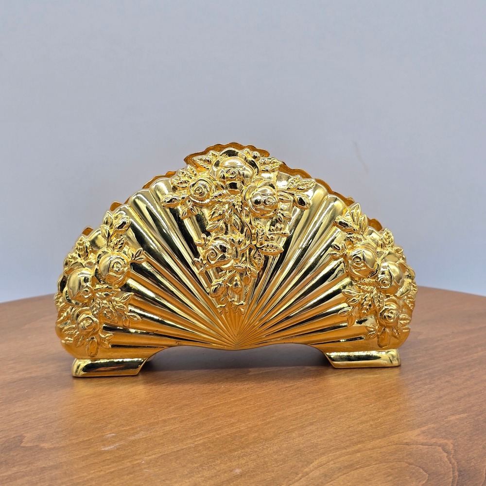 Royal Doulton Gold Fan Rose Napkin Holder Elegant‎ Ornate Table Decor